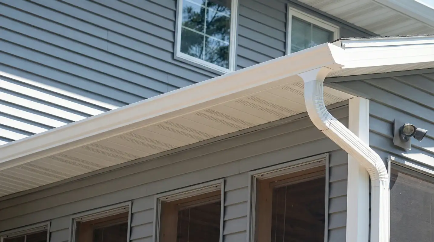 Professional home remodeling project showing newly installed white seamless gutters and downspouts on a house with gray siding in Pembroke Pines, FL
