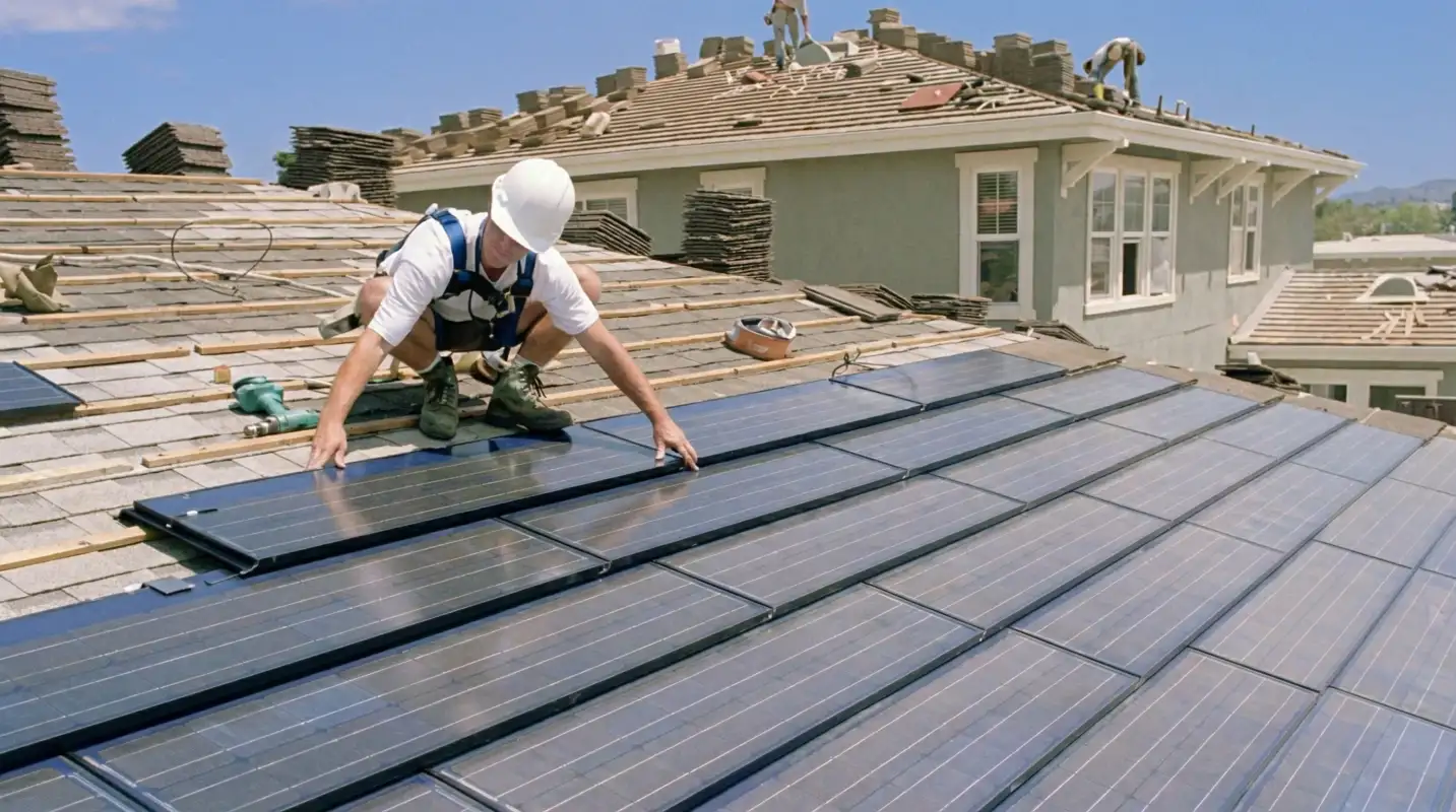 Roof replacement expert installing modern solar shingles on a residential home in Pembroke Pines, FL