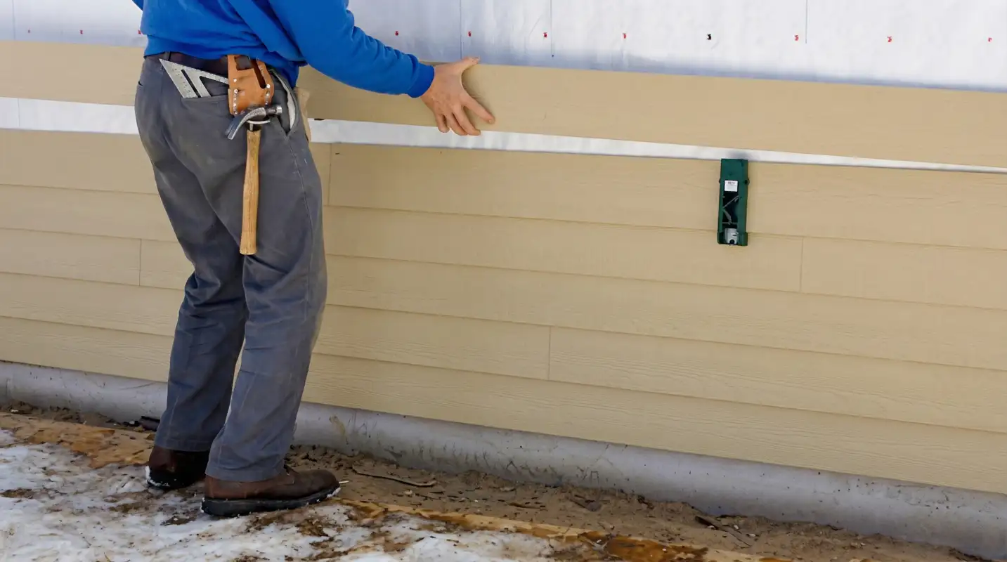 Siding replacement expert carefully aligning a new tan siding panel onto a residential exterior wall in Pembroke Pines, FL