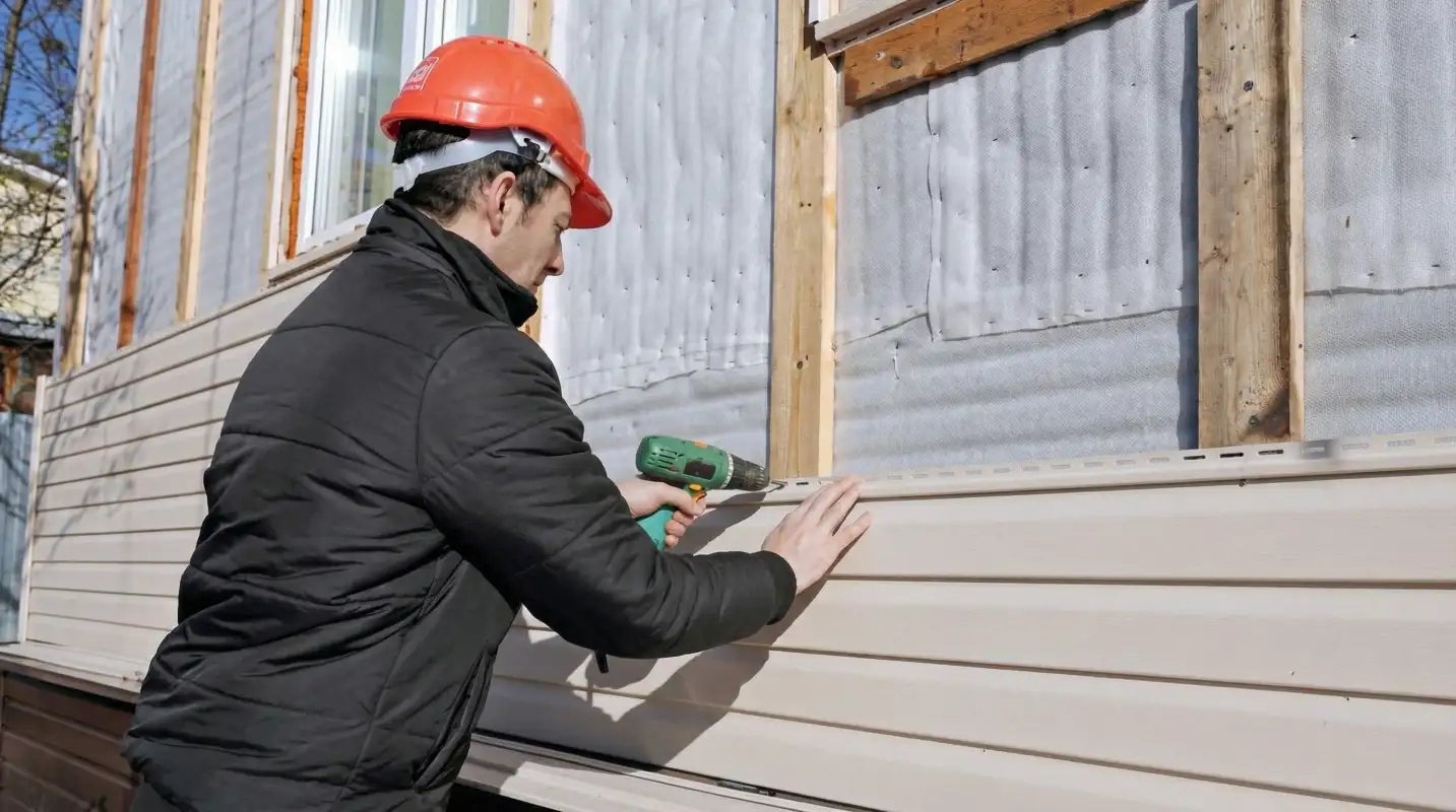 Siding replacement professional using a power drill to install new tan vinyl siding on a home exterior in Pembroke Pines, FL