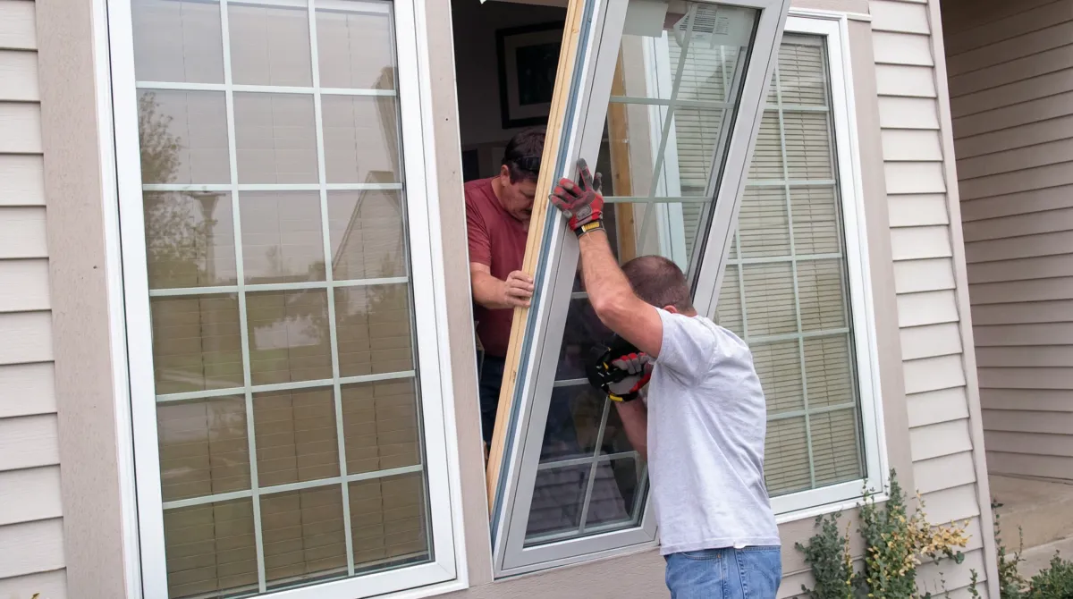 Professional home remodeling team installing a large replacement window on a house with tan siding in Pembroke Pines, FL