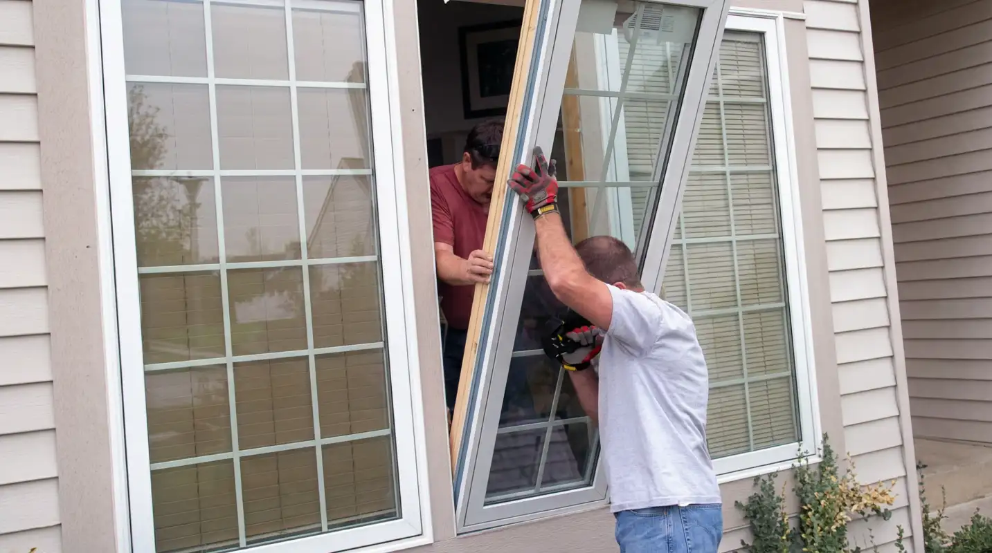 Professional home remodeling team installing a large replacement window on a house with tan siding in Pembroke Pines, FL